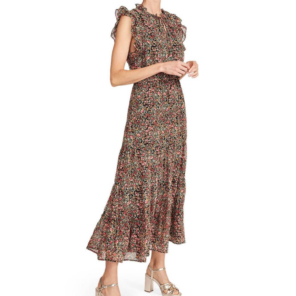 BB Dakota Steve Madden Darcy Midi Dress XS Floral Tiered Peasant Flutter Sleeve - Picture 2 of 9